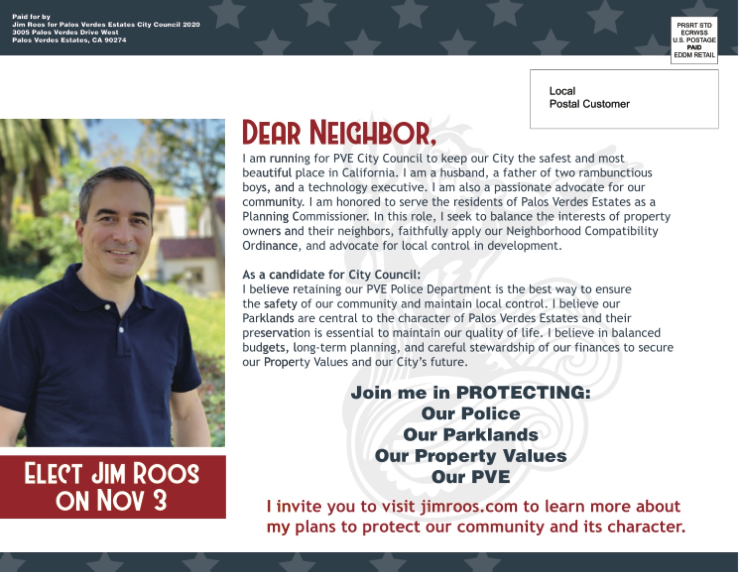 Mailer 1, back: Protecting Our Community  Character